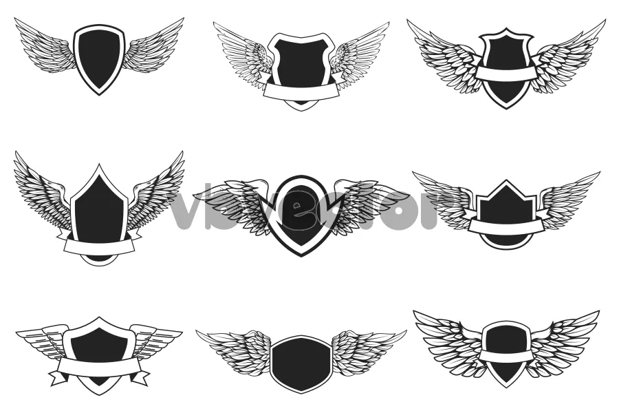 وکتور مجموعه لوگو سیاه و سفید بال و سپر