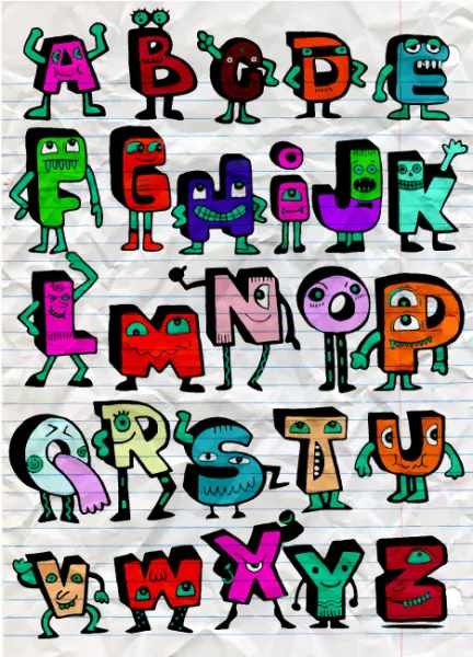 وکتور طراحی و نقاشی کارتونی حروف انگلیسی رنگارنگ