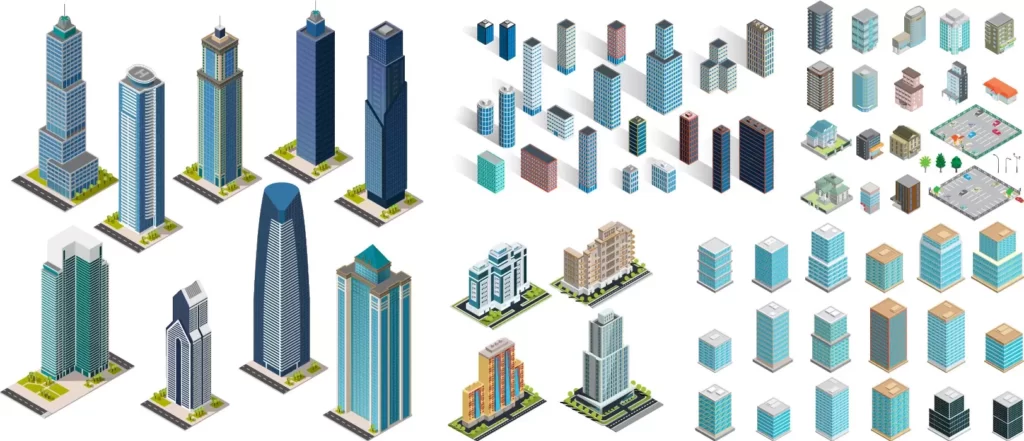 وکتور مجموعه ساختمان و عناصر شهر سازی ایزومتریک