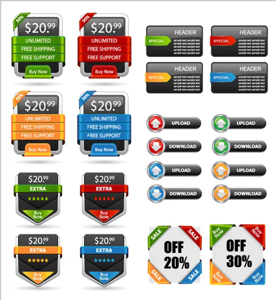وکتور ست المان های طراحی و دکمه های رنگارنگ