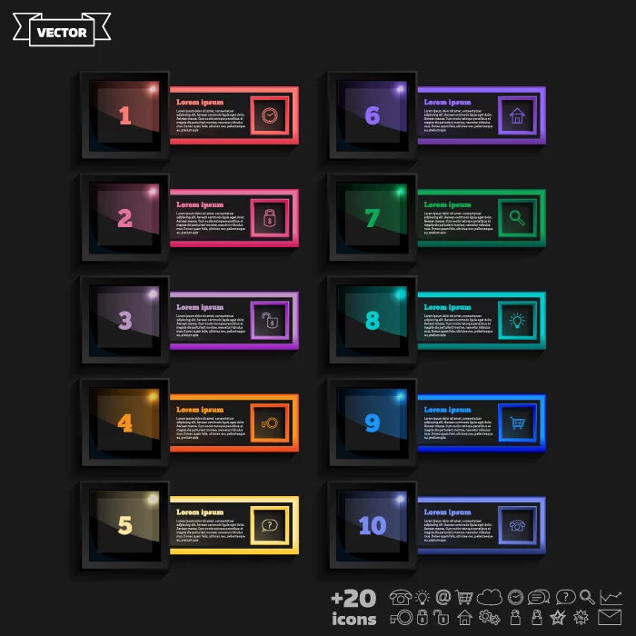 وکتور اینفوگرافیک تیره رنگارنگ با ده مرحله