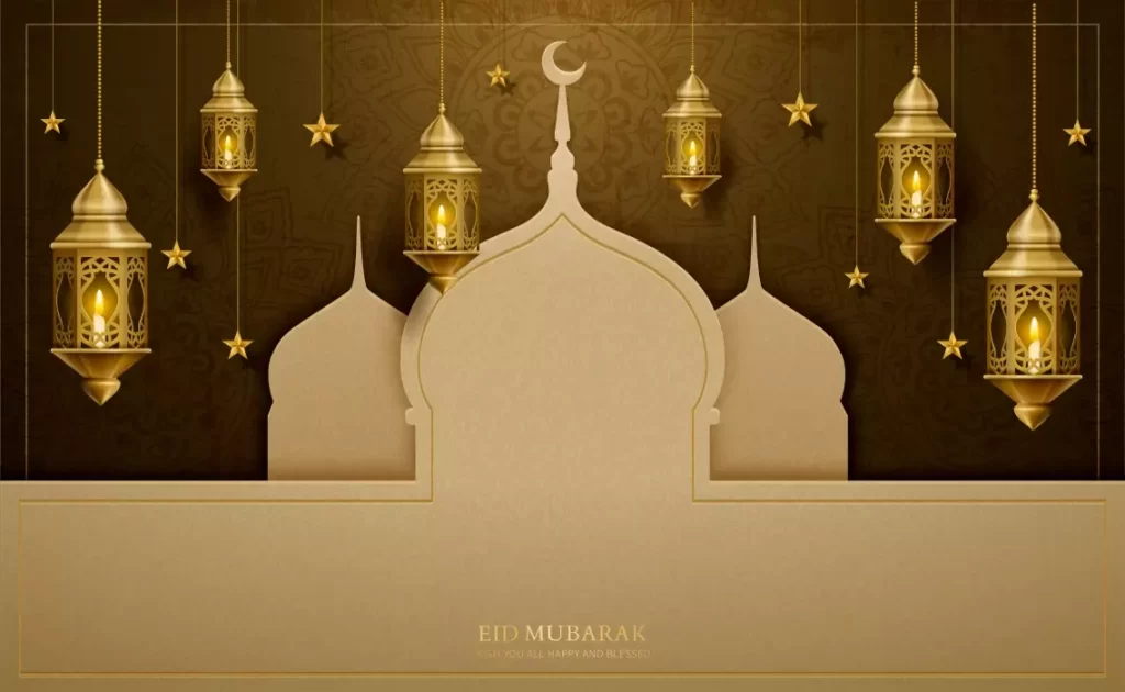 دانلود وکتور زمینه اسلامی طلایی و مسجد و فانوس عربی