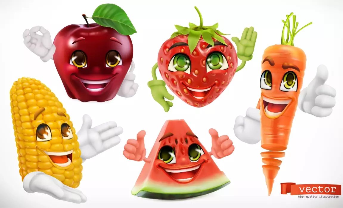 دانلود وکتور طراحی مجموعه سه بعدی میوه های کارتونی