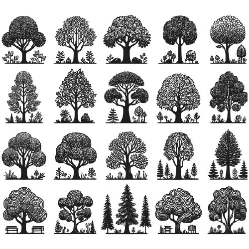 وکتور سیاه و سفید مجموعه درختان مختلف