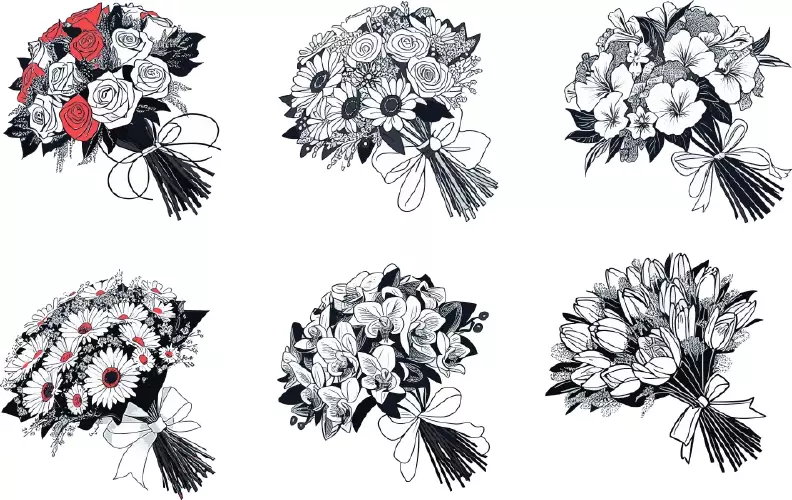 وکتور سیاه و سفید دسته های گل