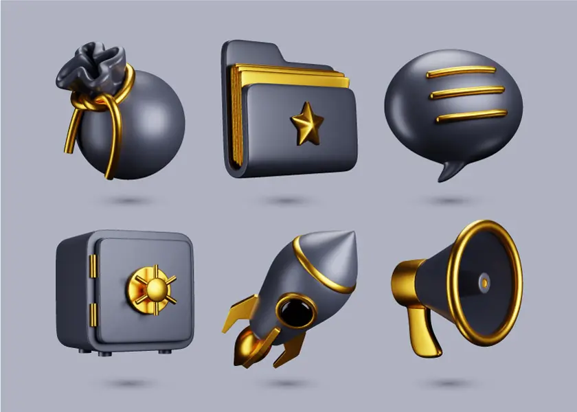 وکتور ست آیکون سه بعدی طلایی مختلف