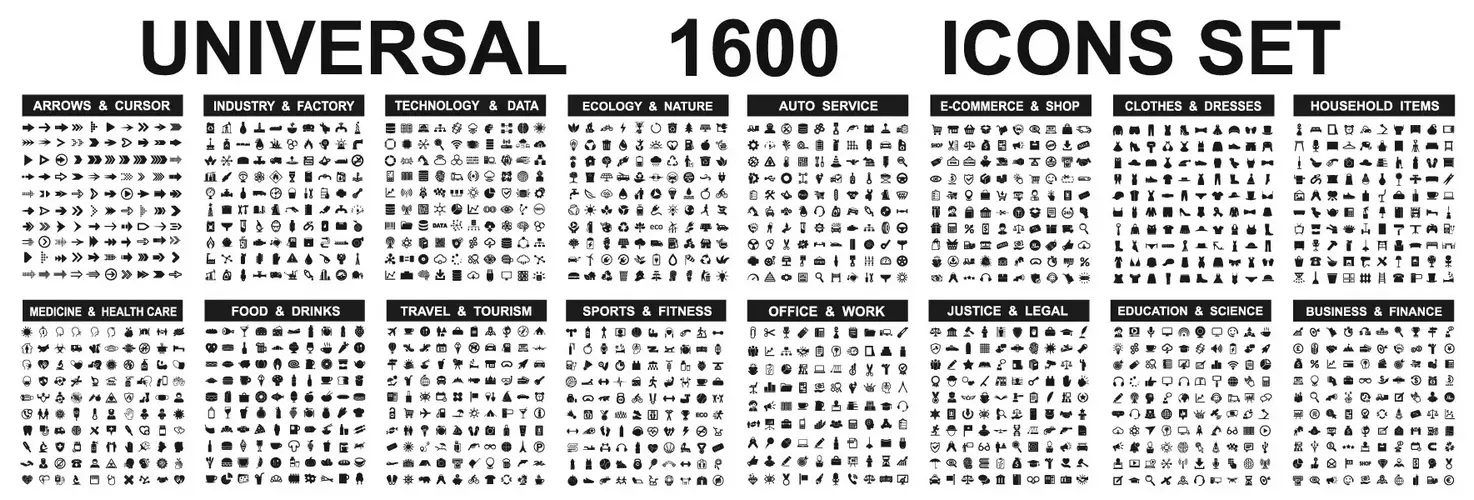 دانلود وکتور مجموعه ۱۶۰۰ آیکون سیاه و سفید